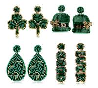 Lot de 4 paires de boucles d'oreilles pour la Saint-Patrick pour femme, boucles d'oreilles trèfle en perles, boucles d'oreilles en forme de feuille verte, chapeau haut-de-forme, boucles d'oreilles