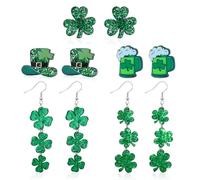 Lot de 4 paires de boucles d'oreilles pour la Saint-Patrick pour femme, trèfle vert et leprechaun, bijoux de festival irlandais trèfle porte-bonheur, One size, Bois, Pas de pierre précieuse
