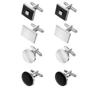 Lot de 4 paires de boutons de manchette pour homme - Boutons de manchette élégants en argent et noir rayés ronds carrés et rectangulaires - Accessoire classique chic pour mariage affaires fête