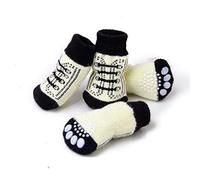 Lot de 4 paires de chaussettes antidérapantes à motif de lacets noirs et blancs pour animal domestique avec de jolies empreintes de pattes (noir et blanc, L)