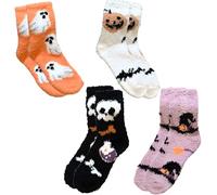Lot de 4 paires de chaussettes d'Halloween - Chaussettes flauschige - Hallow - Kuschelsocken, Warme für Mädchen 34-41 - Pour femme - Hiver Warmes Schlafen Hallowe Dicke Damen