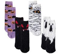 Lot de 4 paires de chaussettes d'Halloween Warme Flauschige Socken Fluffy Rutschfeste Pantoufles Hausschuhsocken Kuschelige Halloween Geschenk Damen Mädchen Geschenk Winter Warmes Schlafen