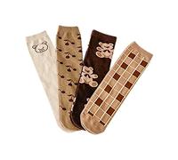 Lot de 4 paires de Chaussettes en Coton pour Tout-petit Enfant Garçon Fille Mi-bas Mignon Doux Confortable - Motif Petit Ours Marron & Kaki 3-12 ans