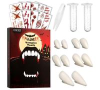 Lot de 4 paires de dents de vampire d'Halloween + 15 feuilles de tatouage d'Halloween - Tatouages temporaires d'Halloween - Kit de faux dents avec 1 pellets de colle pour Halloween Cosplay Party