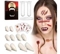 Lot de 4 paires de dents de vampire d'Halloween + 15 feuilles de tatouage d'Halloween - Tatouages temporaires d'Halloween - Kit de faux dents avec 1 pellets de colle pour Halloween Cosplay Party