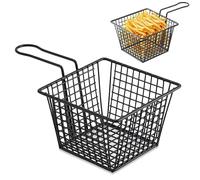 Lot de 4 paniers à frites carrés en acier inoxydable, petit support pour frites avec poignée, panier à frites, panier à nourriture carré en maille pour restaurant (Noir Petit)