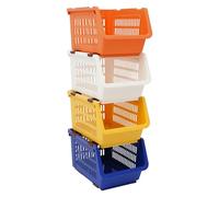 Lot de 4 paniers de rangement empilables en plastique polypropylène | Les attaches réglables permettent une utilisation flexible comme panier individuel ou unité de rangement combinée