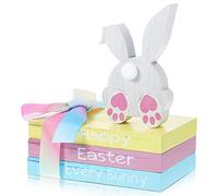 Lot de 4 panneaux de décoration de table de Pâques en bois « Every Bunny Trail Happy Easter » - Bloc en bois rose et bleu - Plateau décoratif à étages - Décoration de Pâques rustique pour cheminée,