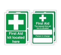 Lot de 4 panneaux de premiers secours - 148 x 210 mm - « First Aid Kit Located Here » et « The Nearest First Aid Box is Situated » - Autocollants et étiquettes en vinyle imperméables - Signalisation