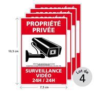 Lot de 4 panneaux propriété privée surveillance vidéo 24H/24 avec loi - Signalisation sécurité - Adhésif - 75 x 105 mm