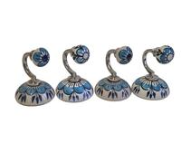 Lot de 4 Patère Murale Ronde en Céramique Peinte à la Main - Crochet Mural Décoratif pour Salle de Bain, Entrée ou Chambre - Porte Manteau Design pour Serviettes, Vêtements et Sacs- Fleur Bleue