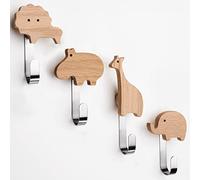 Lot de 4 patères en bois de chêne, patères pour chambre d'enfant - Patères murales de qualité supérieure - Motifs lion, girafe, éléphant, hippopotame