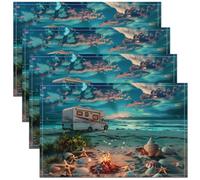 Lot de 4 Paysage Naturel Tapis de Table Camping Heureux Imperméable Sets de Table 3D Plage Coquillages Étoiles de Mer Tapis de Table 45x30 Thème de Vacances D'Été Sets de Table