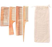 Lot de 4 peignes antipelliculaires en bois de margousier avec pochette en coton pur, peignes à cheveux en bois naturel, kit familial