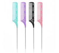 Lot de 4 peignes queue de rat en acier - En fibre de carbone - Résistants à la chaleur - Avec design creux, raie en métal - Peigne à cheveux à dents fines pour femme - 4 couleurs - Pour une coiffure