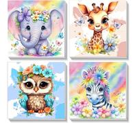 Lot de 4 peintures à l'huile par numéro avec cadre en bois pour enfants de 4 à 8 à 12 ans, éléphant, chouette, girafe, zèbre, décoration murale d'intérieur (20,3 x 20,3 cm)