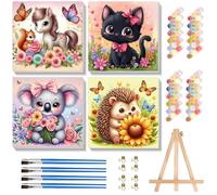 Lot de 4 peintures animales par numéros pour enfants à partir de 5, 6, 7 ans, filles et garçons avec chevalet en bois, cheval, hérisson, koala, chat, peinture par numéros pour enfants à partir de 7