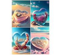 Lot de 4 peintures diamant 3D Ai - Motif cœur rose - 30 x 40 cm - Pour adultes - Pour la Saint-Valentin - Paysage - Plage et mer - Peinture par numéros pour débutants - Diamond Art