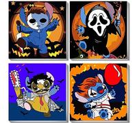 Lot de 4 peintures par numéros pour enfants avec cadre Stitch, Halloween Paint by Numbers Adulte, Kit de peinture sur toile pour débutants, visage fantôme, Horreur Michael Myers, 20 x 20 cm