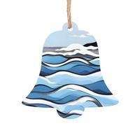 Lot de 4 pendentifs décoratifs en bois en forme de cloche Motif vagues sur les rochers pour décoration d'arbre, de mur et de porte - Style vintage