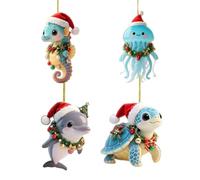 Lot de 4 pendentifs plats en acrylique - Motif animaux marins - Décoration de Noël - Avec ruban - Pour mur, salon, balcon, jardin