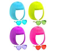 Lot de 4 perruques colorées avec frange plate, perruque courte fluo, bonnet de perruque, cœur pour enterrement de vie de jeune fille, Noël, cosplay fête et boîte de nuit