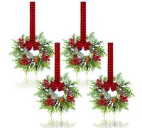 Lot de 4 Petites couronnes de Noël - Mini couronnes de Noël avec Baies Rouges et Eucalyptus pour Porte, armoires de Cuisine, fenêtre, cheminées