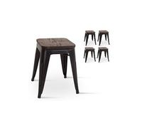 - Lot de 4 petits tabourets en métal noir et bois foncé