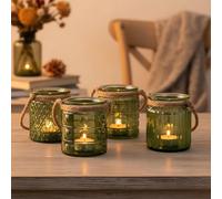 Lot de 4 photophores en verre vert kaki - Hauteur : 10 cm - Décoration de table - Rétro - Lin