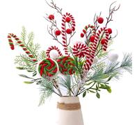 Lot de 4 Pics de Décoration de Sapin de Noël Artificiels - Assortiment de Branches Bouclées en Forme de Sucre d'Orge, Feuilles de Houx, Baies, Tiges de Pin pour Décoration