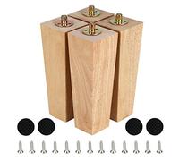 Lot de 4 pieds carrés en bois massif - Pièces de rechange modernes pour canapé, lit, chaise basse, bureau, table avec boulons pré-percés, vis et coussinets en caoutchouc (20 cm, naturel)