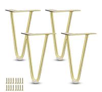 Lot de 4 pieds de table en épingles à cheveux en métal avec deux barres, pieds de canapé pour bureau, table de chevet, table à manger, table basse avec protections de sol et vis (10 cm, doré)