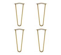 Lot de 4 pieds en épingle à cheveux avec pieds de protection de sol et vis - 30 cm 2 tiges / 10 mm, laiton doré