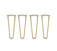 Lot de 4 pieds en épingle à cheveux avec pieds de protection de sol et vis - 35 cm 2 tiges / 10 mm, laiton doré