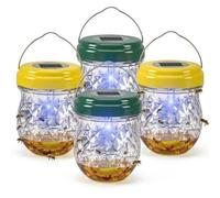 Lot de 4 pièges à guêpes solaires à suspendre pour l'extérieur : pièges jaunes réutilisables avec lumière LED - Attrape-abeilles et frelons - Imperméable pour le jardin, la cour, la ferme