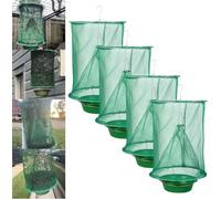 Lot de 4 pièges à mouches à suspendre en maille réutilisable avec plateau d'appât pour ranch, stable, cour et utilisation en intérieur