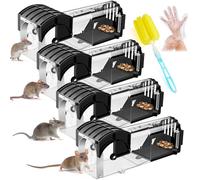 Lot de 4 pièges à souris pour intérieur et extérieur, piège à souris sans cruauté pour contrôle des rongeurs, haute sensibilité, ne tue pas, facile à installer, réutilisable avec brosses de nettoyage