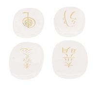 Lot de 4 pierres runiques naturelles avec symboles Reiki gravés - Pierres runiques ovales plates de méditation - Avec sac de rangement (quartz transparent)