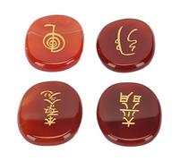 Lot de 4 pierres runiques naturelles avec symboles Reiki gravés - Pierres runiques ovales plates de méditation - Avec sac de rangement (agate rouge)