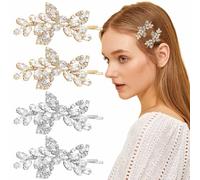 Lot de 4 pinces à cheveux avec strass en forme de feuille scintillante - Barrettes à cheveux vintage brillantes pour mariage, demoiselles d'honneur, bal de fin d'année, vie quotidienne (or, argent)