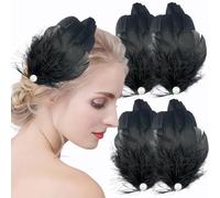 Lot de 4 pinces à cheveux en plumes noires et blanches pour femme, cygne, plume d'autruche et perle, épingles à cheveux pour mariée, mariage, Halloween, Noël, spectacle sur scène (noir)