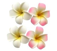 Lot de 4 pinces à cheveux hawaïennes en forme de fleur de plumeria - 7 cm - Blanc et rose