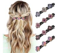 Lot de 4 pinces à cheveux tressées pour femme - Pierres de cristal étincelantes pour coiffer la section avec 3 petites barrettes à cheveux, accessoires pour cheveux à quatre feuilles hachées avec