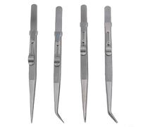 Lot de 4 pinces à épiler en acier inoxydable de 16 cm avec verrou coulissant, antistatique, pointe et coude pour la fabrication de bijoux