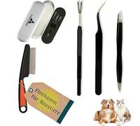Lot de 4 pinces à tiques en acier inoxydable pour chiens et chats - Pince à tiques pour homme et chat - Pince à tiques avec peigne à puces - Boîte en métal - Sans produits chimiques - Pour l'extérieur