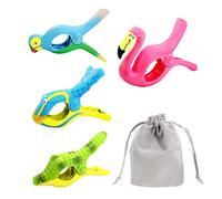 Lot de 4 Pinces pour Serviette de Plage avec 1 Sac en Flanelle, Flamant Rose, Hirondelle, Crocodile, Poisson, Clip Serviette Portable, Pince à Serviette de Piscine, chaises de Piscine