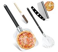 Lot de 4 Pizza accessoires, Pelle a pizza perforée 30 cm, Pelle à pizza Ronde en aluminium de 83cm avec un long manche, Roulette à Pizza de 35 cm avec Couvre, Brosse pour Four à Pizza avec Grattoir