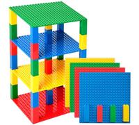 Lot de 4 plaques de base - avec 30 briques Stackers 2x2 améliorées - de qualité - pour construire une tour - compatible avec les plus grande marques - 15,4 x 15,4 cm - jaune, rouge, vert, bleu