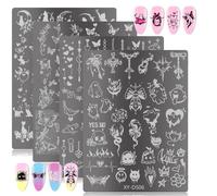 Lot de 4 plaques de stamping gothiques mignonnes - Modèles kawaii foncés en acier inoxydable pour nail art avec motifs tête de mort et dentelle pour manucure