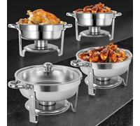 Lot de 4 plats ronds avec couvercle - Serveur de buffet de 6 L pour mariages, fêtes, restauration - Réchaud alimentaire argenté, idéal pour les événements et les divertissements